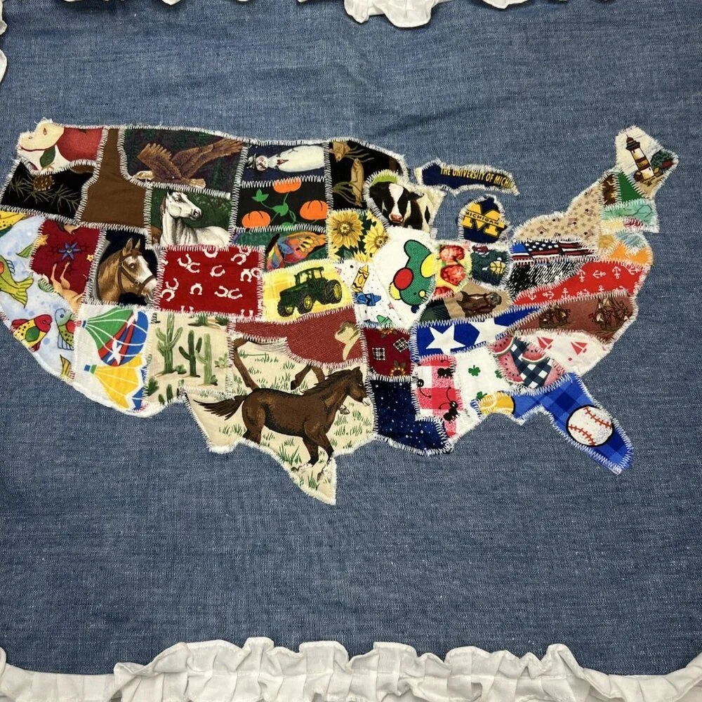 VintageHand Made Standard Pillow Sham US Map‎ Fabric State Patchwork Ruffle